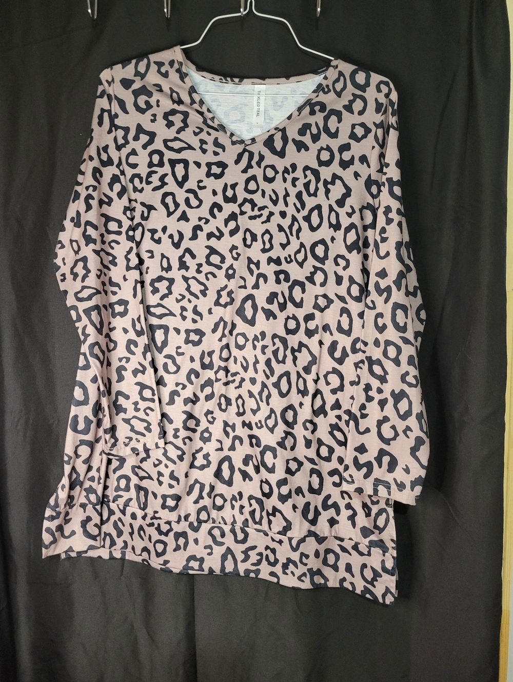 Tickled Teal Blush and Black Leopard Print V-Neck Long Sleeve Top